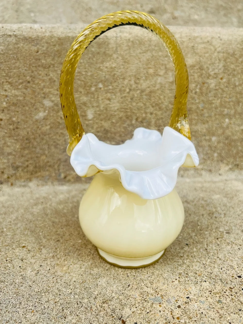1980s Fenton Candleglow Yellow Ivory Crest Art Glass Basket